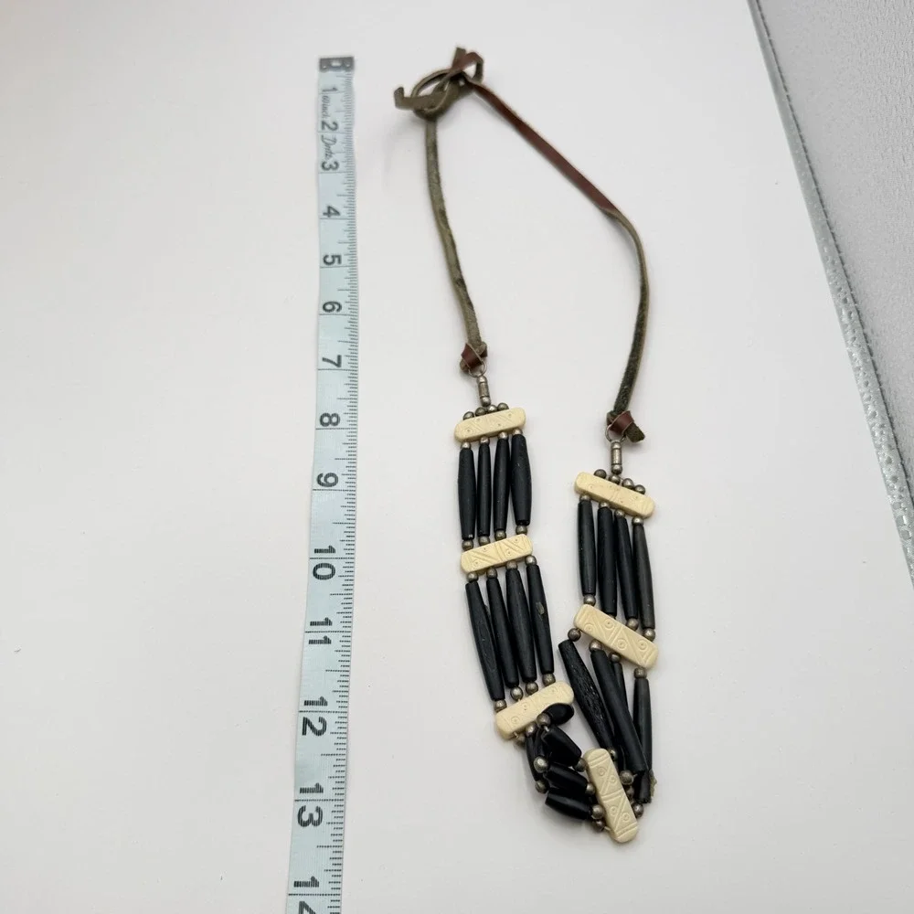 Vintage 90s Tribal Statement Necklace Wood Glass Beads Leather Cord Boho Jewelry